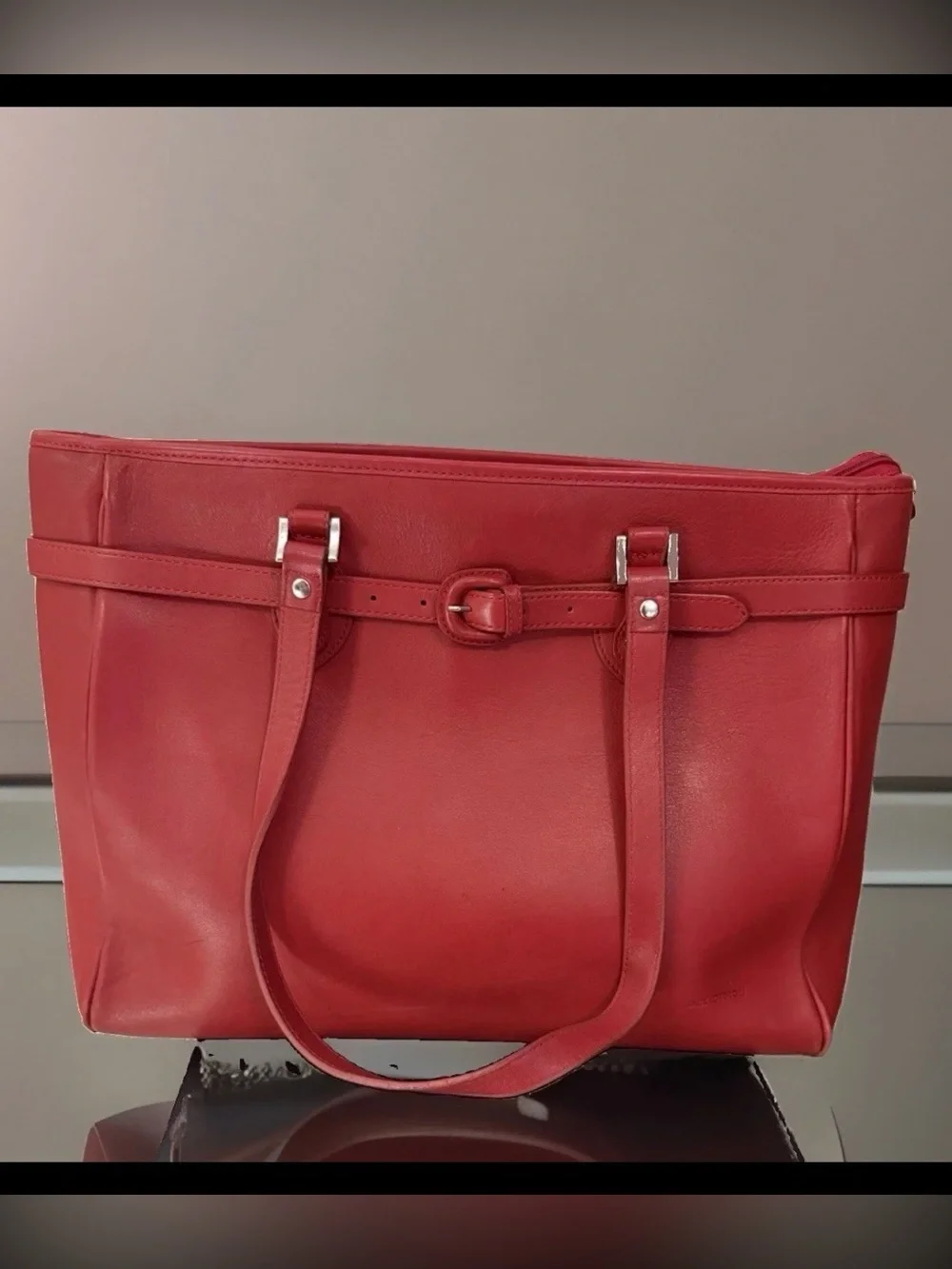 Women’s Red Leather Tote with Belt Accent, pockets and laptop slot